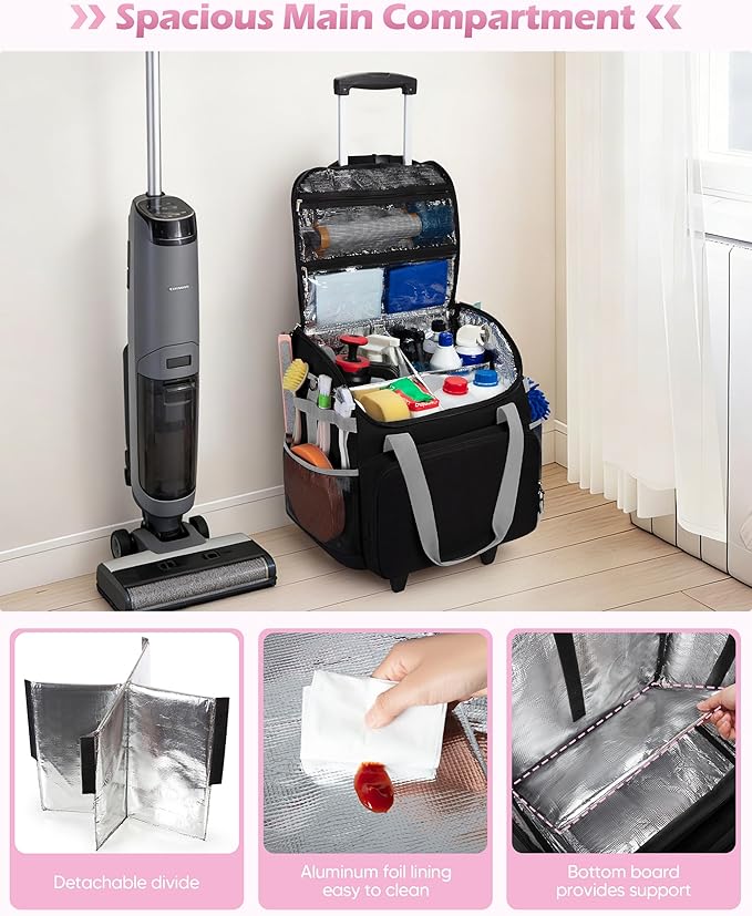 Large Rolling Cleaning Caddy Bag with Detachable Trolley, Cleaning Supplies Organizer with Wheels for Housekeepers, Black