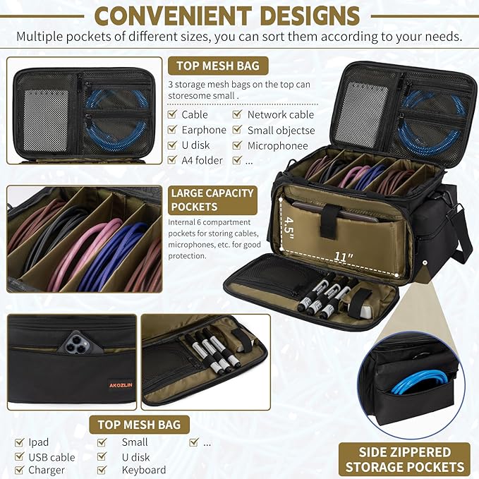 AKOZLIN Cable File Bag with Detachable Dividers for DJ Gear, Sound Instrument Accessories