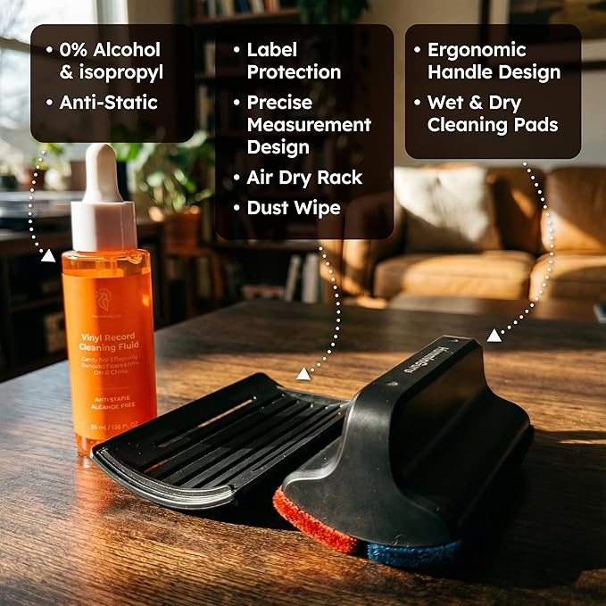 HumminGuru I-Brush Vinyl Record Cleaning Kit, Anti-Static Vinyl Record Cleaner Kit with Dual Velvet Pads Vinyl Record Brush + Alcohol-free Record Cleaning Solution + Stylus Brush + Pouch(White 5-in-1)