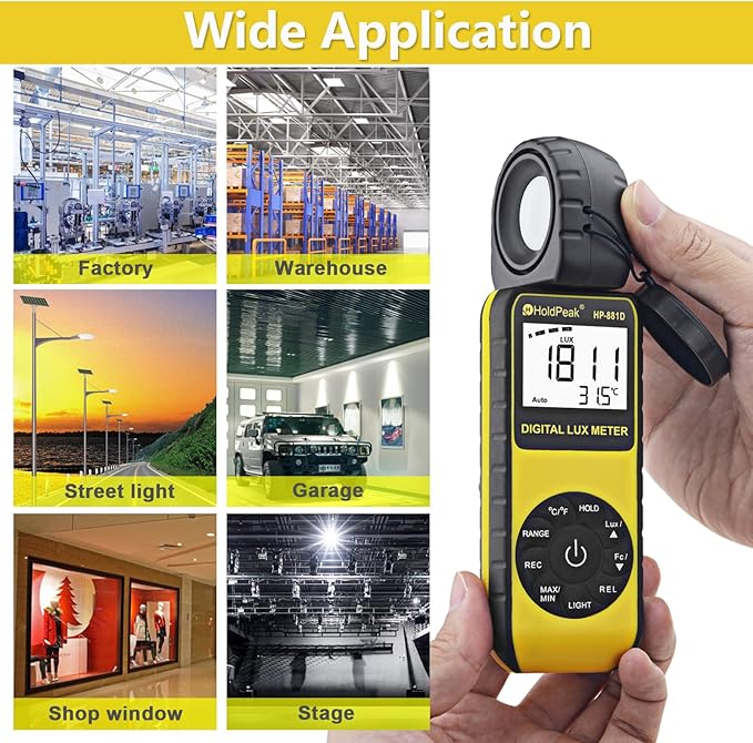 HOLDPEAK 881D Illuminance Light Meter, Digital Lux Foot Candles Meter 0.1~400,000 Lux (0.1~40,000 FC) with 270º Rotatable Detector, Par Meter Luxmeter for Plants LED Lights Indoor Outdoor Light Tester