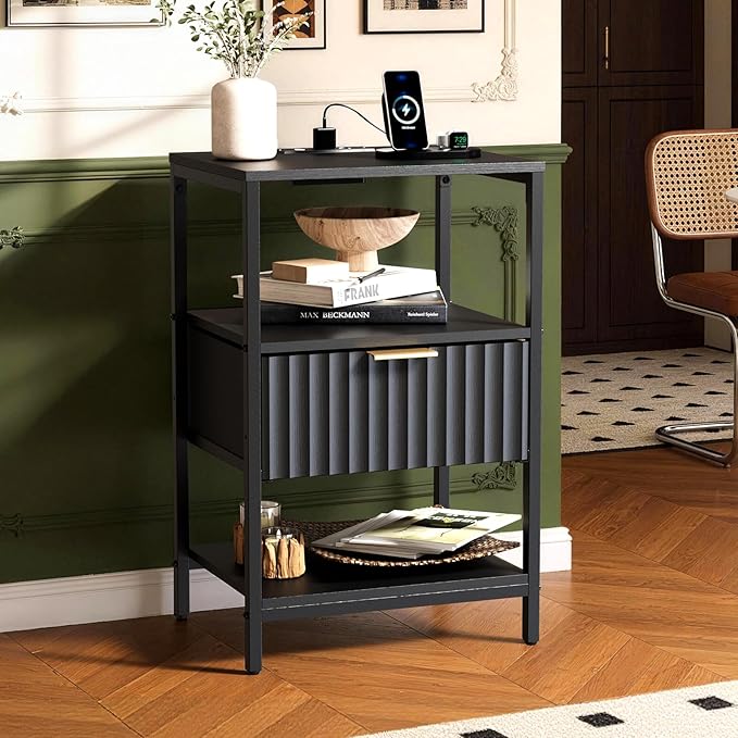 Bonnlo Fluted Nightstand Set of 2, End Table with Fabric Drawer with Charging Station, Night Stand with Storage Shelf & Handle, Fluted Side Table for Bedroom/Living Room,Black