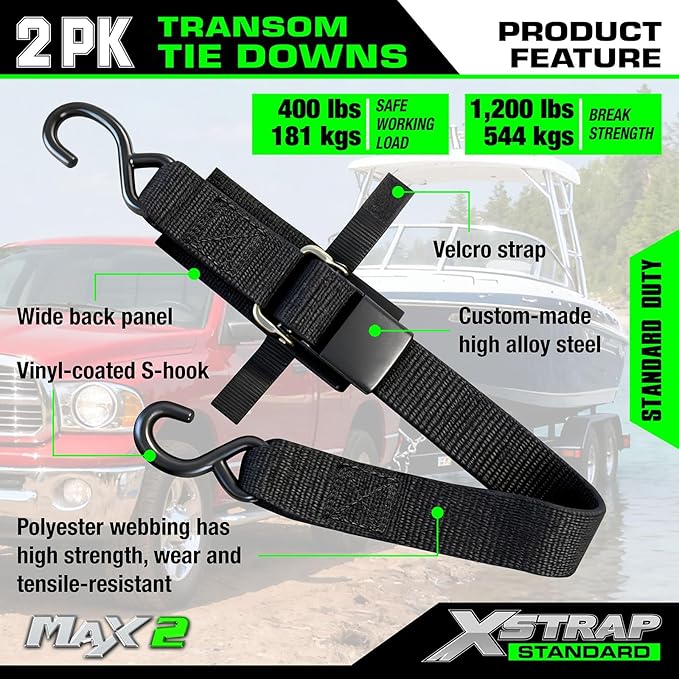 XSTRAP STANDARD 2PK 2''x 4' Adjustable Tie-Down Wide Webbing Rated Capacity: 1200 lb Moving Straps Tie Downs Marine Boat Strap Trailer with Hooks Prevent Corrosion Yet Easy