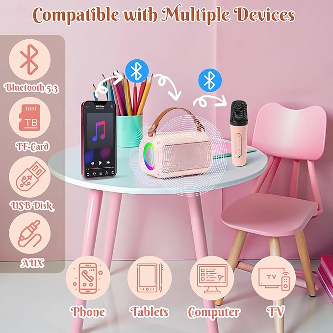 MALLMALL6 Mini Karaoke Machine with 2 Wireless Microphone for Kids Portable Bluetooth 5.3 Karaoke Mic LED Color Lights Speaker Christmas Birthday Family Home Party Toys Gift for Boys Girls Pink