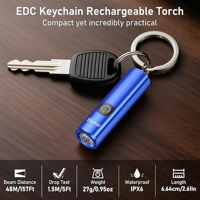 Blukar Rechargeable EDC Flashlight, Mini Keychain Flash Light with 3 Lighting Modes, Memory Function, Waterproof, Compact and Portable Pocket Light for Everyday Carry, Emergency,Camping-Blue