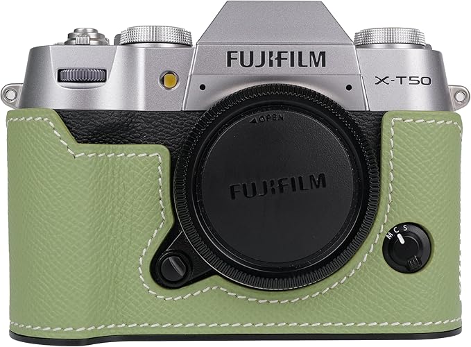 Handmade Genuine Leather Camera Half Case for Fujifilm X-T50/Fujifilm X-T50 Camera Case/Fujifilm X-T50 Case - Top Layer Cowhide Body + Metal Base Plate (Vert Criquet)
