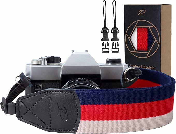 Padwa Lifestyle Stripes Camera Strap - 2" Wide Genuine Leather Ends Camera Straps for Photographers, Vintage Blue, Red, and white Stripes Nylon Strap with Camera Quick Release fits All Cameras