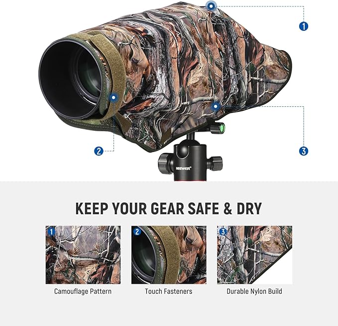 NEEWER PB019 Camera Rain Cover XL Large Waterproof Raincoat Protective Cover for Canon Sony Nikon Fujifilm DSLR Camera & Lenses up to 800 mm Double-Sided Camouflage Green Nylon