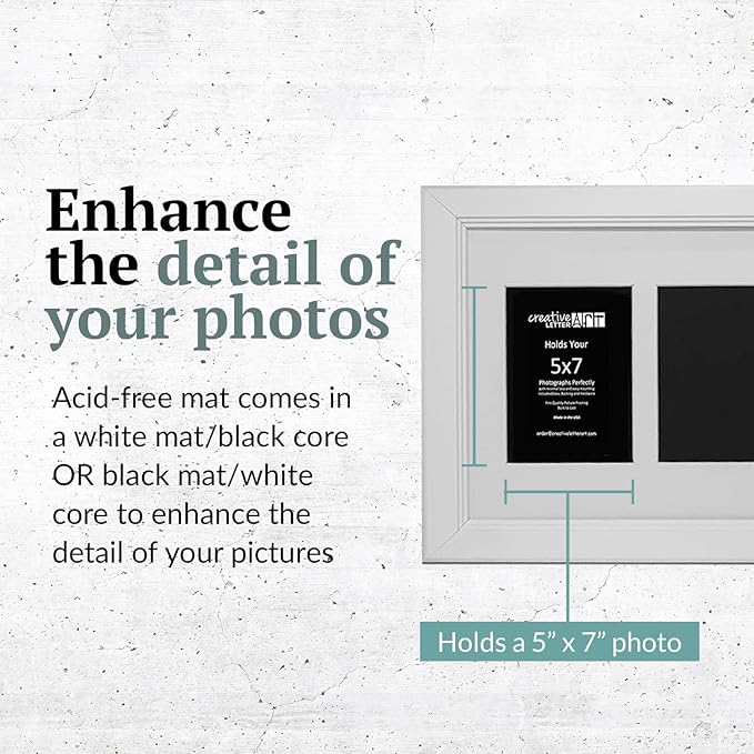 Creative Letter Art 4 Opening Glass Face White Picture Frame to hold 5 by 7 inch Photographs including 10x24-inch White Mat Collage