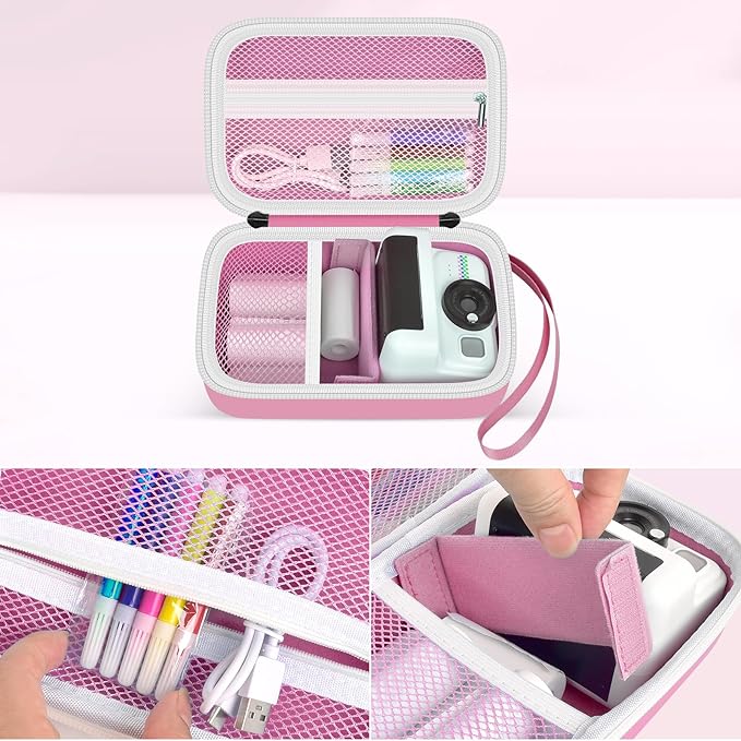 Kids Camera Case Compatible with Cimizi/for Dylanto/for Gofunly/for DUDUDRAGON/for HiMont Instant Print Cameras & Film Cameras, Shockproof Organizer with Removable Divider & Mesh (Pink, Large)
