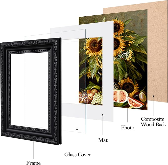 eletecpro 5x7 Picture Frames Set of 4, 5 x 7 Vintage Frames with Glass Cover, Gothic Photo Frame Displays 4x6 Photo with Mat or 5x7 without Mat for Tabletop or Wall Decor, Black