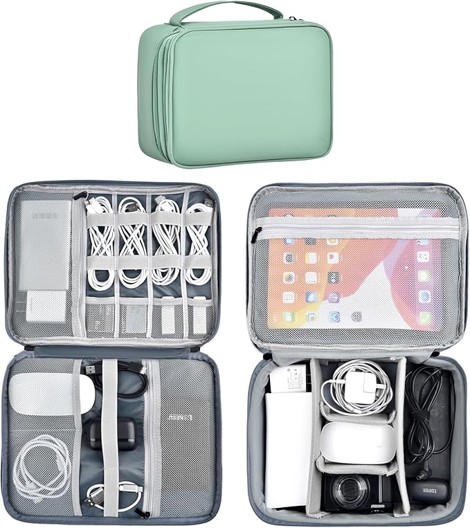 Double Layer Leather Cable Organizer Bag Large Capacity Waterproof Tech Organizer Case for Travel Electronics Accessories Storage Case with Adjustable Divider(Light Green, Double Layer-Large)
