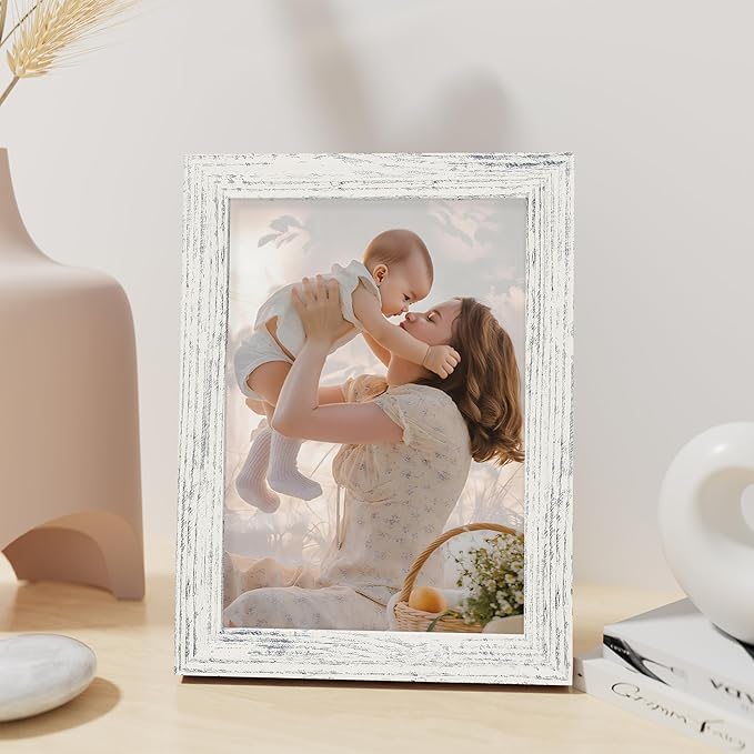 Vittanly 5x7 Picture Frame, Made of Solid Wood and Shatterproof Plexiglass, Wooden Photo Frame for Wall Mounting or Tabletop Display, Picture Frame for Home Decor with Stand, Distressed White, 1 Pack