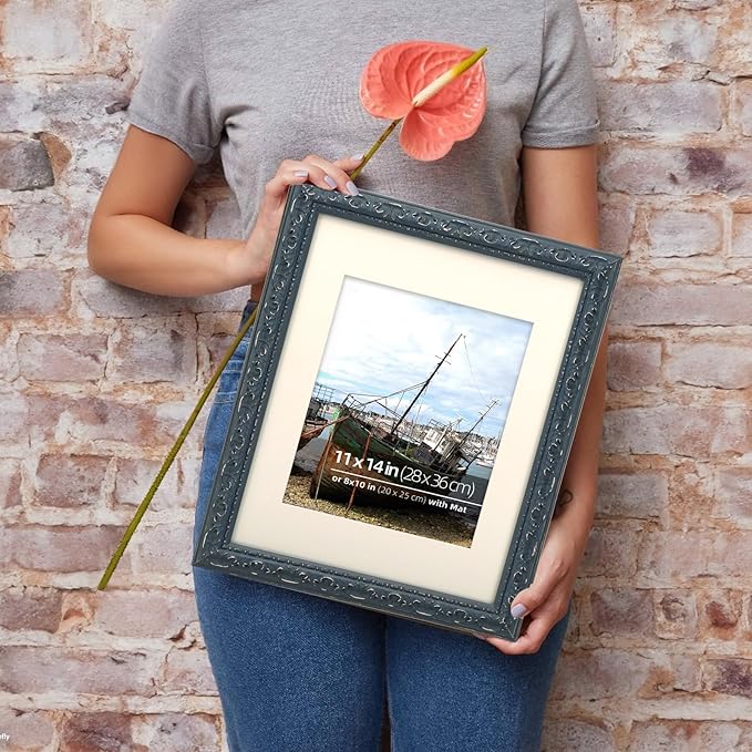 11x14 Embossed Scrollwork Distressed Wood Vintage Antique Retro Picture Frame, Display 8x10 Photos, Art Prints with Mat, Glass Cover, Dark Navy Blue