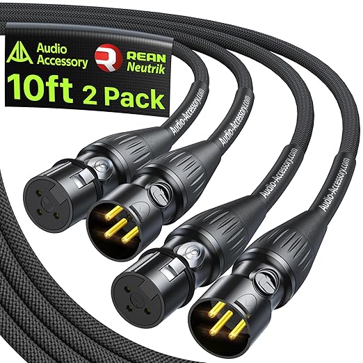 XLR Cables 10ft 2 Pack, Neutrik REAN Gold-Pin Connectors, 21AWG OFC, Kevlar-Reinforced 10X Heavy Duty Nylon Braided, Dual Shielded Noiseless Balanced Microphone Cable for Shure Mic