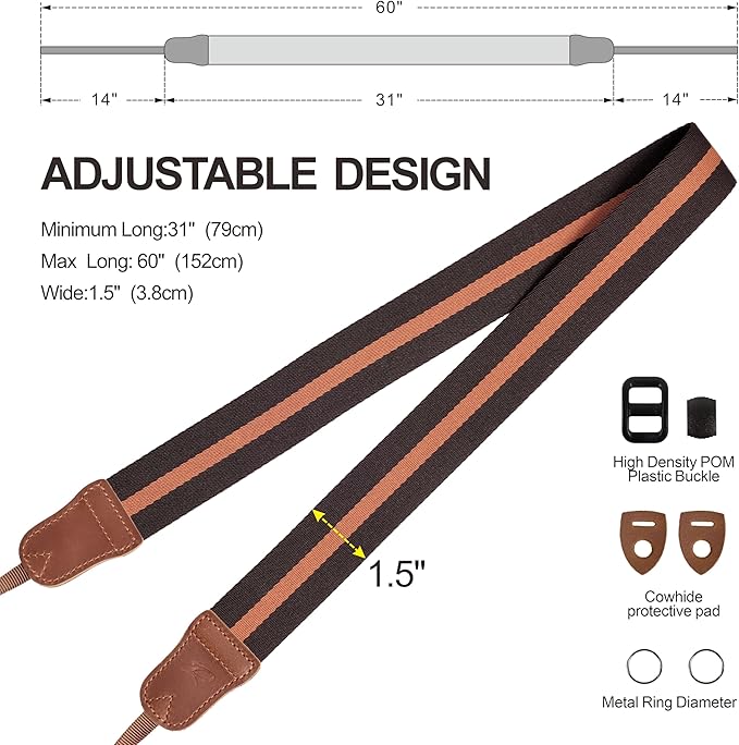 Padwa Lifestyle Brown Yellow Striped Camera Strap - 1.5" Double Crazy Horse Cowhide Head Cotton Camera Straps,Adjustable Neck Shoulder Universal Woven Straps for DSLR Cameras and Photographers Gift