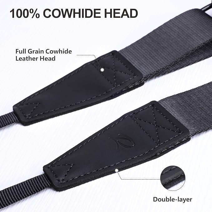 Padwa Lifestyle Black Adjustable Camera Strap - 1.5" Top Layer Cowhide Head Camera Straps for Photographers, Nylon Adjustable Neck Shoulder & Crossbody Strap Quick Release for All Cameras