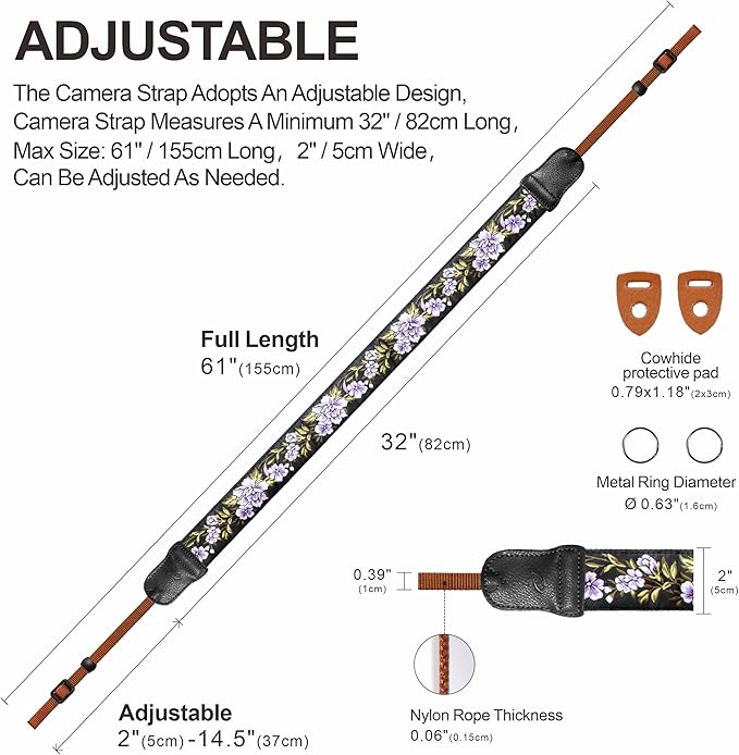 Padwa Lifestyle Purple Flower Camera Strap - 2" Double Layer Cowhide Head Camera Straps for Photographers，Adjustable Neck & Shoulder Vintage Jacquard Embroidery Flower Cotton Strap for all Cameras