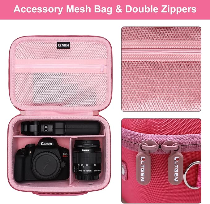 Camera Case Compatible with Canon EOS Rebel T7/R50/R6 Mark II/R100/R50 V/T6/R8/R10/R5 Mark II/RP/R7/5D Mark IV/SL3/R5/T100 DSLR Camera, Len and Tripod with 4 Dividers and Shoulder Strap, Magenta+Pink