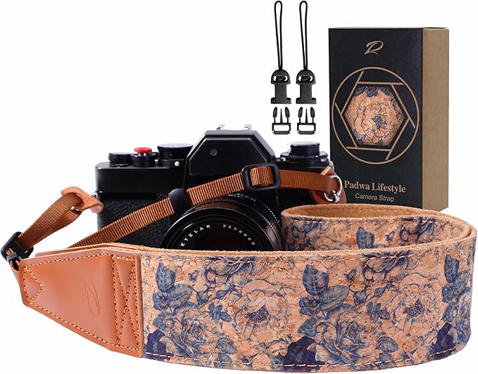 Padwa Lifestyle Cork Camera Strap - 2" Top Layer Cowhide Head Camera Straps for Photographers,Natural Log Crackle Art Print Style,Soft Chamois Velvet Padded Strap Quick Release fits All Cameras
