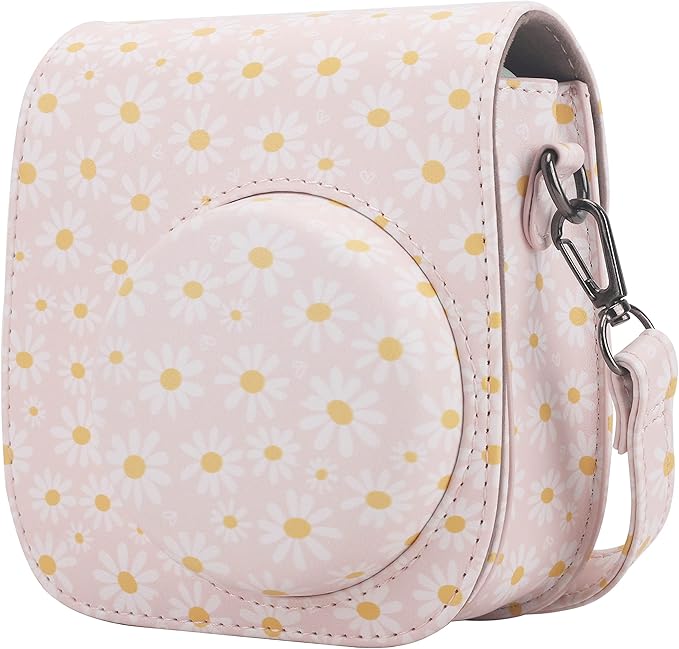 Frankmate Protective Case Compatible with Fujifilm Instax Mini 12 11 9 8 Instant Film Camera with Pocket and Adjustable Strap (Pink Daisy)