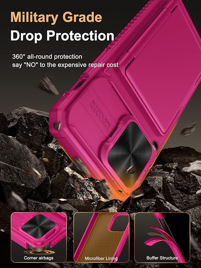 Vihibii for iPhone 14 Pro Max Case with Card Holder (4 Cards), [RFID Blocking] & Slide Camera Cover & Raised Edges Protect Screen, Military Grade Drop Protection, Rugged Wallet Case, 6.7", Hot Pink