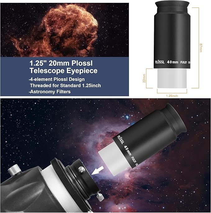 Alstar 1.25 Inch Plossl Telescope Eyepiece - 40mm Fully Multicoated Optical Lens for 1.25inch Astronomic Telescope and Astronomy Filters - 4 Element Plossl Design