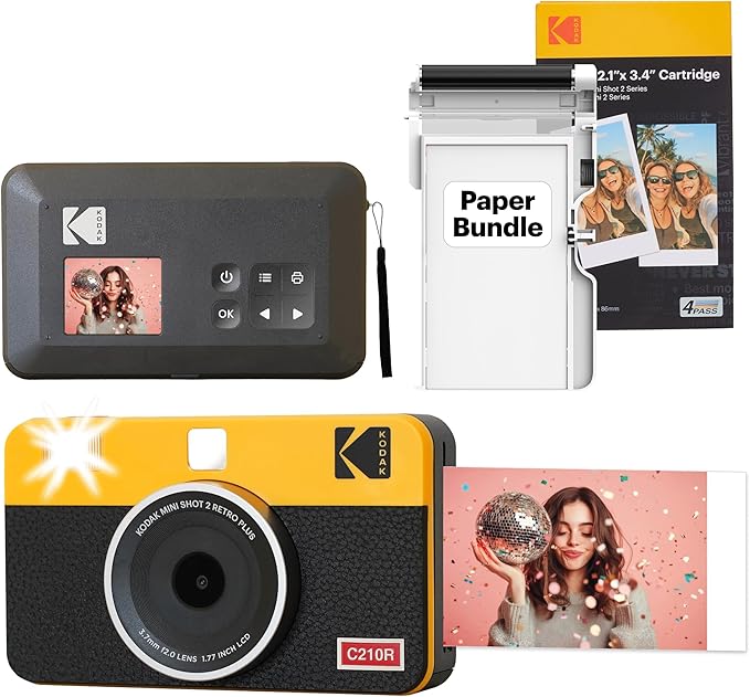 KODAK Mini Shot 2 Retro 4PASS 2-in-1 Instant Digital Camera and Photo Printer (2.1x3.4 inches) Initial 8 Sheets + 30 Sheets Bundle, Yellow