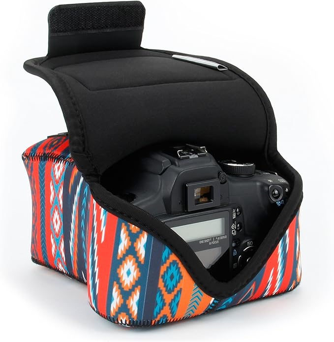 USA Gear Camera Sleeve (Medium) for Compact SLRs Compatible with Canon EOS R100 Nikon Z30 Sony ZV-E10, and more - Padded Neoprene DSLR Case with Zipper Accessory Pocket & Belt Loop (Southwest)