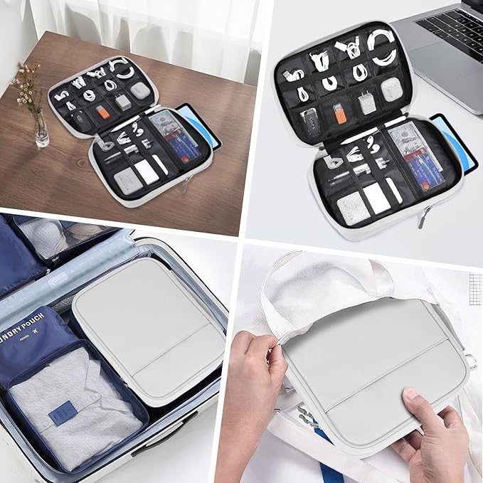 Dadanism Electronics Travel Organizer Case, Double Layers Cord Organizer Travel All-in-One Storage Bag for Cable, Cord, iPad, Chargers, fits 9-11'' Tablets, Portable Tech Accessories Bag, Gray White
