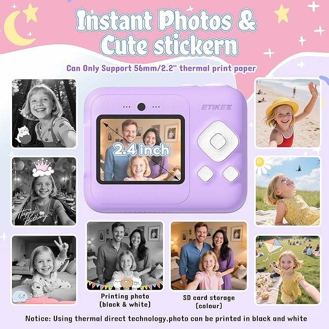 ETIKEZ Instant Print Camera for Kids, HD Digital Camera, Christmas Birthday Gifts for 4 5 6 7 8 9 10 Year Old Girls Boys, Portable Toy Camera with 32GB SD Card & 3 Rolls Printing Paper, Violet