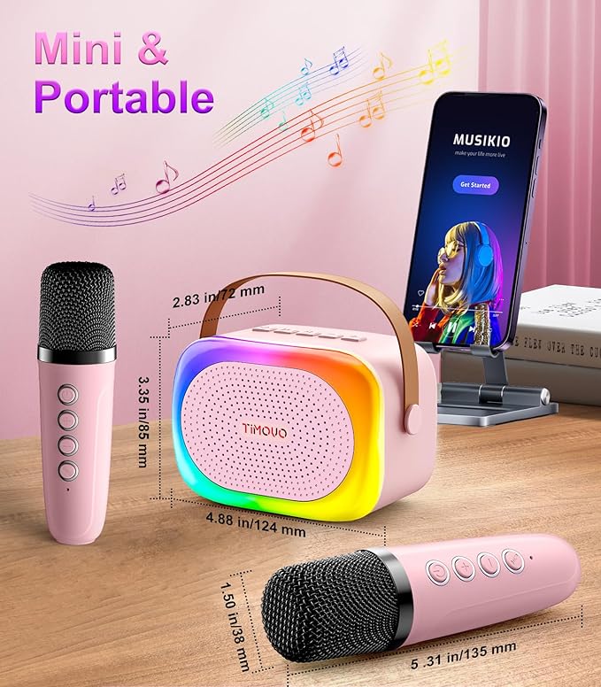 TiMOVO Mini Karaoke Machine, Portable Bluetooth Speaker with 2 Wireless Microphones and LED Lights, Birthday Gifts for Family Home Party, Pink
