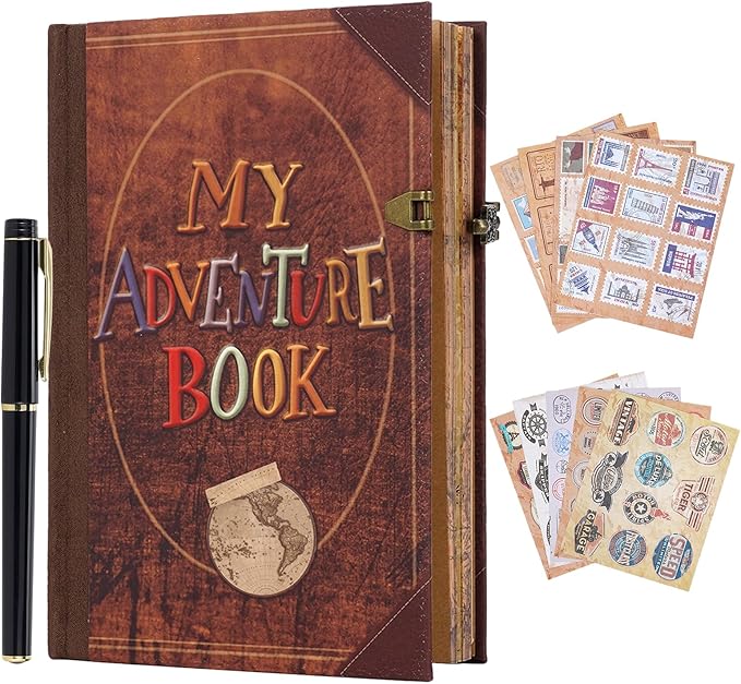 My Adventure Book Journal Scrapbook Album 164 Pages Retro Cowhide Cover Journal Travel Diary,3D Design DIY Handmade Travel Scrapbook Diary for Couples,Anniversary,Wedding,Valentines Day Gifts