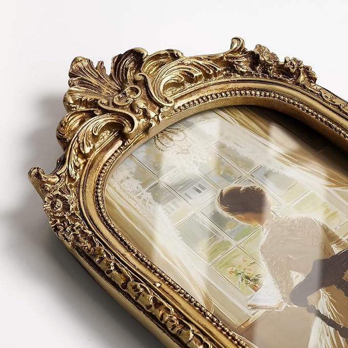 Cuspin 4x6 Picture Frame Arched Vintage Frame, Gold Ornate Resin Frames with Plexiglass Front for Wall Mounting and Tabletop Display, Antique Photo Frame Retro Home Decor