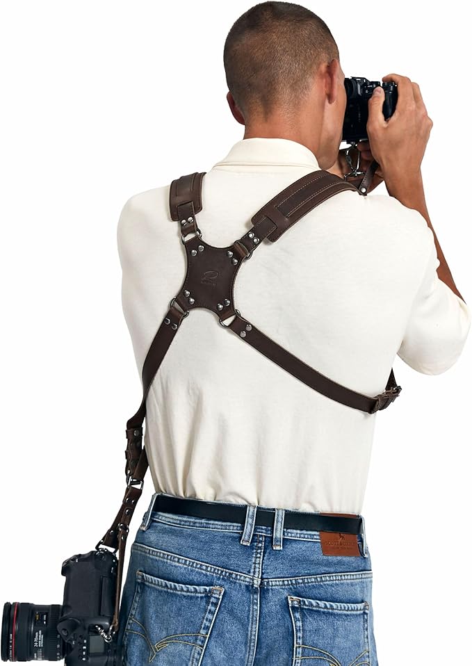 Padwa Lifestyle Dark Brown Dual Camera Harness - Dual Shoulder Full Grain Leather Strap for DSLR/SLR Cameras