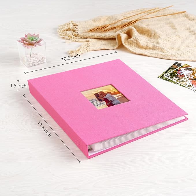 Mublalbum 8.5x11 Inch DIY Scrapbook Photo Album with 40 Plastic Sleeves 80 Pages Top-Loading Protectors, Linen Cover 3-Ring Binder for Baby Wedding Travel and DIY Projects (Pink)