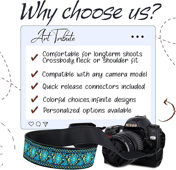 Art Tribute Camera Strap for All DSLR and Mirrorless Cameras. Add Your Name Or Initials Make It a Personalized Gift