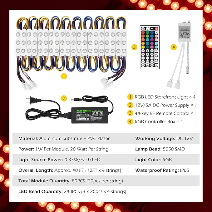 Dyna-Living LED Storefront Lights 40FT Commercial RGB Window Lights for Store Front Decorative 80PCS 3-LED 5050 SMD RGB Module for Signs IP65 Waterproof Strip Light for Business (4 Packs-White)