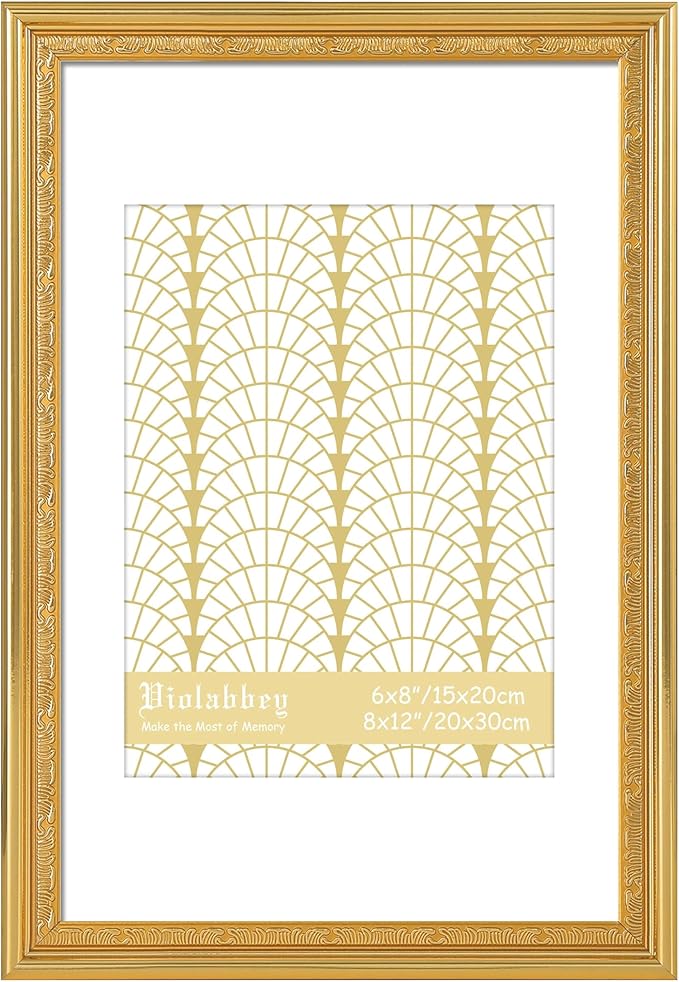 VIOLABBEY 8x12 Gold Picture Frame, Display 6x8 Photo with Mat or 8x12 without Mat, Ornate Vintage 8 x 12 Gold Frame for Wall Decor or Tabletop Display