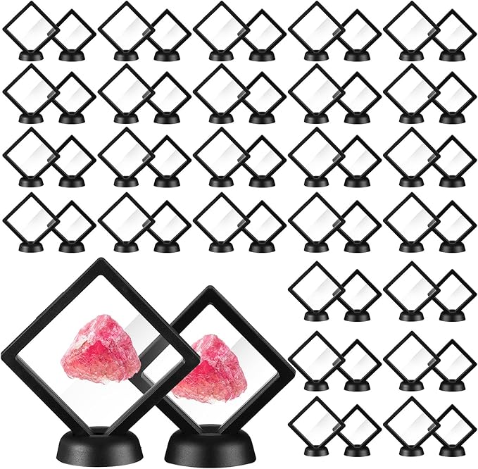 60 Pcs 3D Floating Display Case PE Film Jewelry Storage Box Coins Display Frame Holder Stands for Antique Challenge Coins, Medallion Shells Gems Rocks Pins (Black,3.5 Inch, 2.76 Inch)
