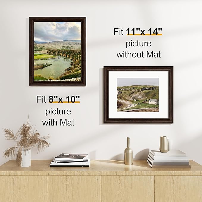 Vittanly 11x14 Picture Frames Set of 2, Ornate Vintage Photo Frame for Wall or Tabletop, Display 8x10 Pictures with Mat or 11x14 without Mat, Rustic Brown