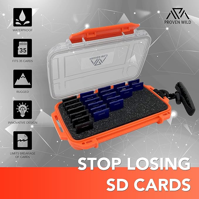 SD Card Holder by Proven Wild | Durable, Waterproof SD Card Case | SD Card Holder Case Holds 35 SD Cards Upright | Standard Memory Card Holder for DSLR & Trail Camera SD Cards, (Orange)