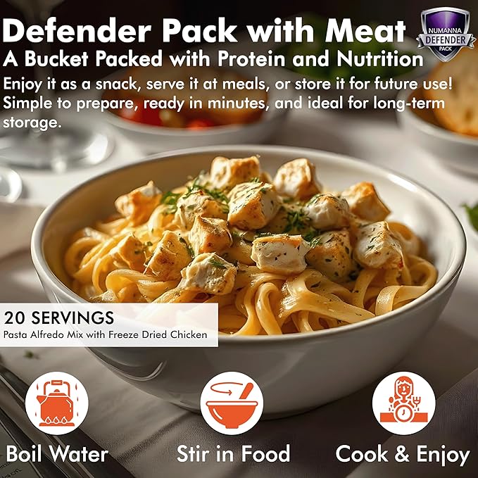 Numanna Defender Pack with Meat Bucket 648 Servings | 3-Month Emergency Food Supply with Protein | Easy-to-Prepare Survival Meals for Prepping, Camping & Daily Use | 25+ Year Shelf Life | Made in USA