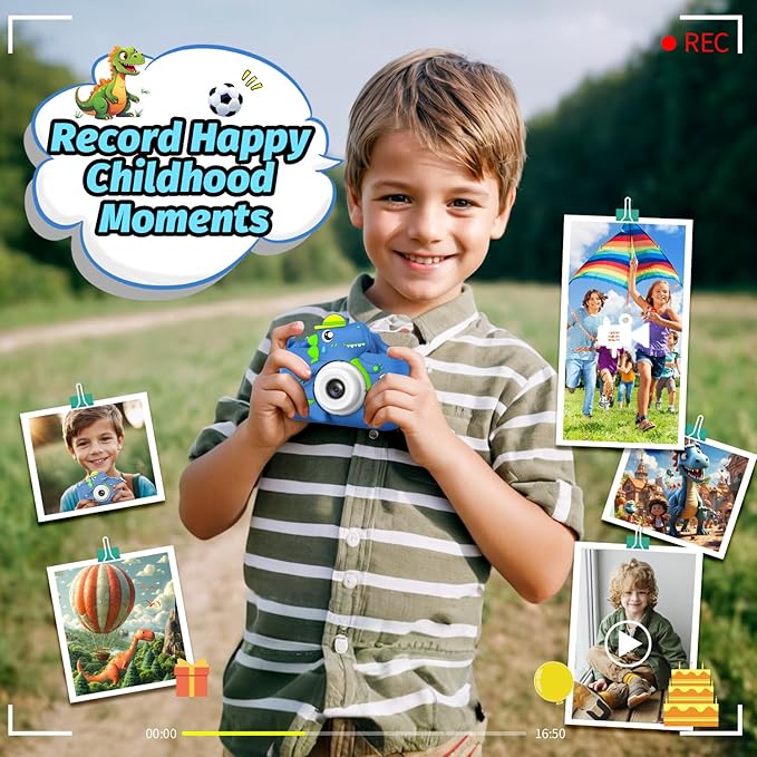 Dinosaur Kids Camera for Boys Girls, Toddler Digital Selfie Camera with Cute Protective Cover and 32G SD Card, Christmas Birthday Gifts Toys for 3 4 5 6 7 8 9 10 11 12 Years Old Little Girls and Boys
