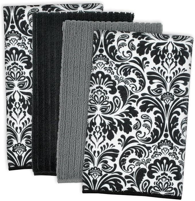 DII Cleaning Collection Multi-Purpose Microfiber, Black Damask, Dishtowel Set