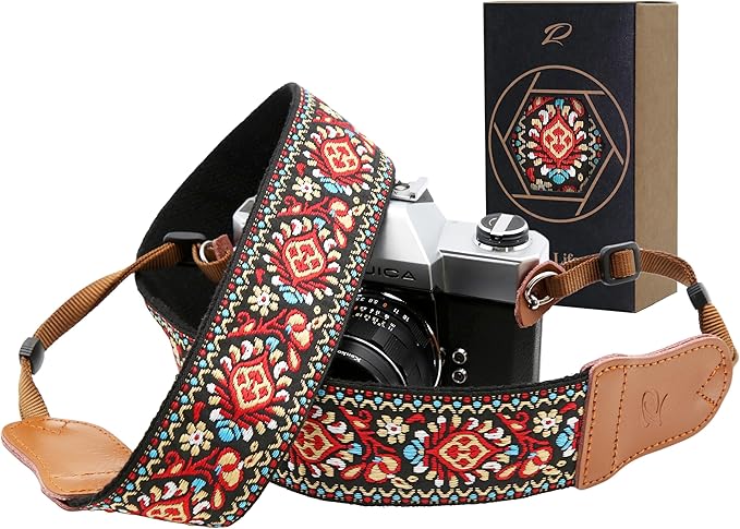Padwa Lifestyle Red Vintage Embroidered Camera Strap - 2" Wide Cowhide Head Camera Straps,Pure Cotton Woven Adjustable Shoulder & Neck Strap for All DSLR Cameras,Great Gift for Men&Women Photographers