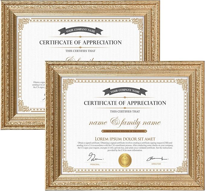 Edenseelake 8.5 x 11 Picture Frames Set of 2, Vintage Gold 8.5 x 11 Diploma Certificate Frame for Tabletop or Wall Display
