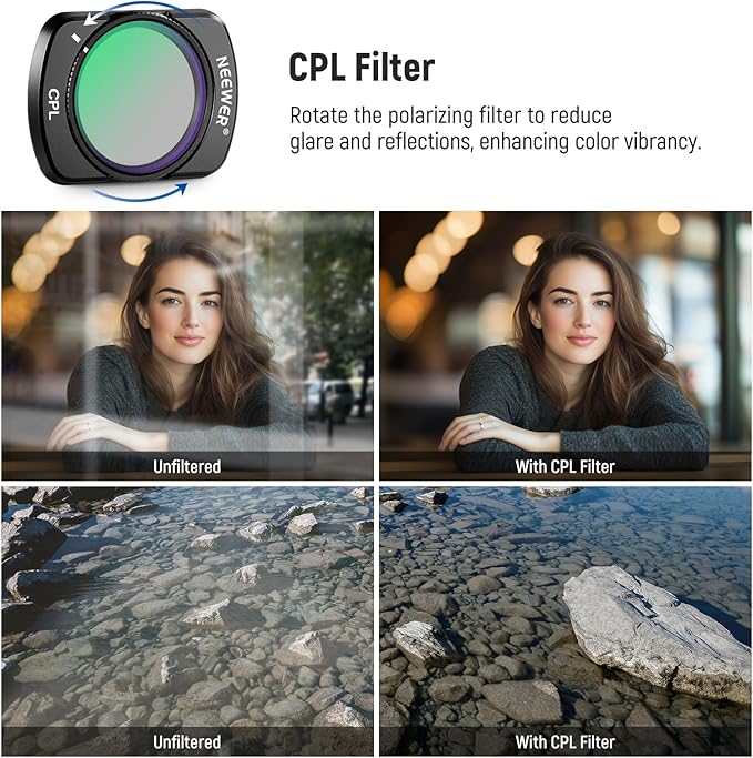 NEEWER Filter Accessories Compatible with DJI Osmo Pocket 3 & Creator Combo, Magnetic CPL Filter, 0.75X Wide Angle Lens 108° FOV, 2 Screen Protectors Photography Filter Kit, FL-B29
