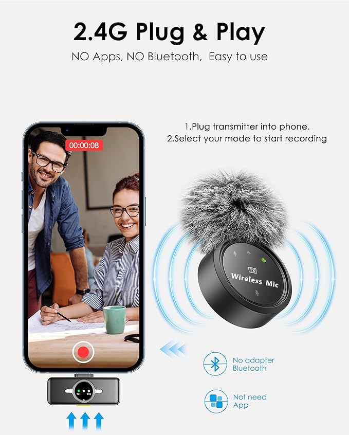 Wireless Lavalier Microphone for iPhone/Android, Professional Microphone with Custom Wind Muff, Noise Cancellation, Includes Type-C/Lightning Connectors, 300ft Range for Recording, Streaming