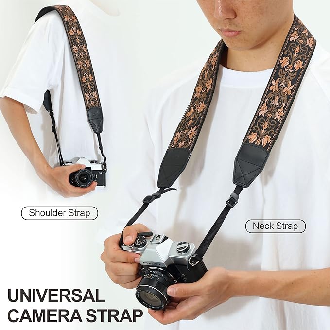 Padwa Lifestyle Camera Strap - 2" Wide Vintage Jacquard Embroidery Flower Camera Straps with Genuine Leather Head,Complimentary 2 Pcs Quick Release Clips for All Cameras and Men & Women Photographers