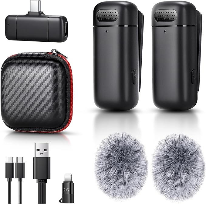 Mini Wireless Lavalier Microphone for iPhone/Android/Laptop, Plug & Play mini Mic with USB C Receiver and Lightning Adapter, Noise Reduction Clip on Wireless Microphone for TikTok, YouTube